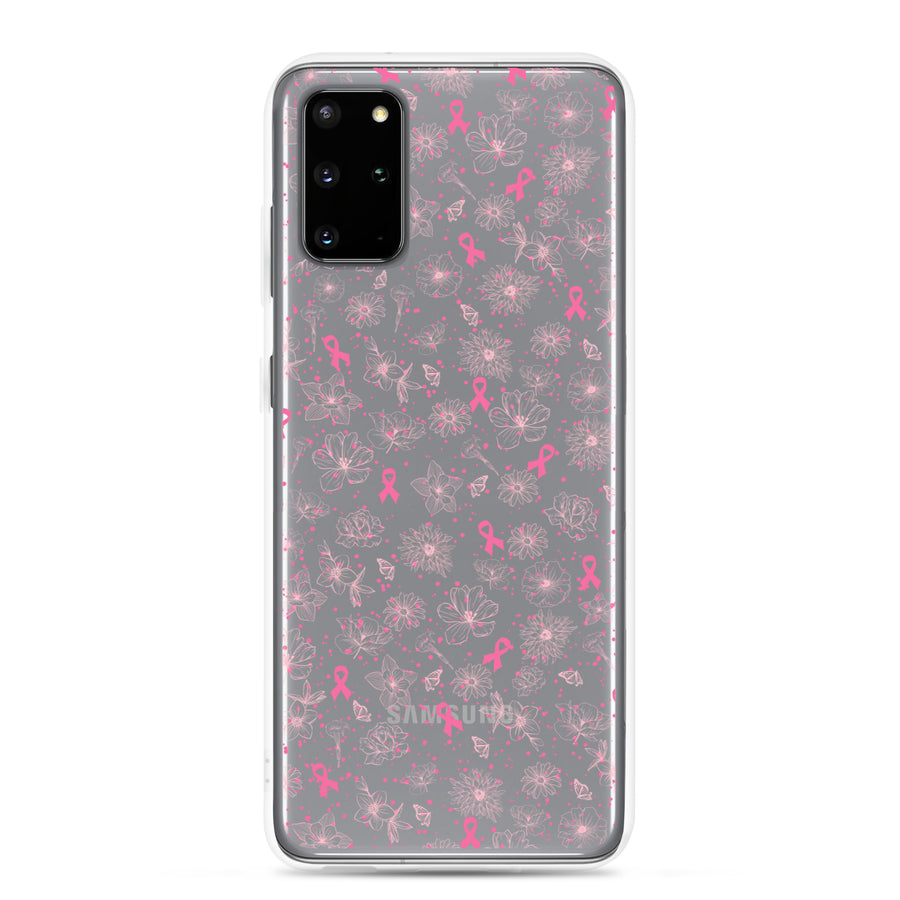 Breast Cancer Ribbon, Pink Floral, and Butterfly Clear Samsung Galaxy Case for S10, S20, S21, & S22