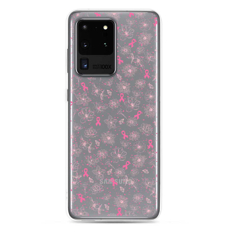 Breast Cancer Ribbon, Pink Floral, and Butterfly Clear Samsung Galaxy Case for S10, S20, S21, & S22