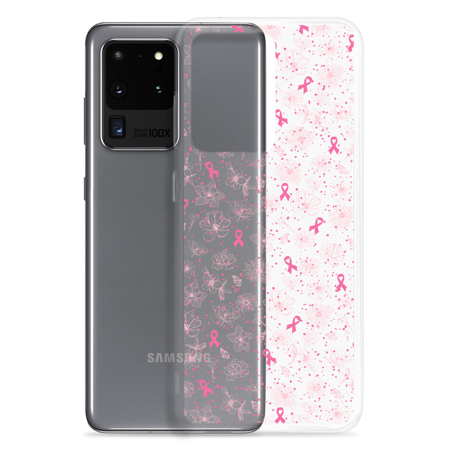 Breast Cancer Ribbon, Pink Floral, and Butterfly Clear Samsung Galaxy Case for S10, S20, S21, & S22