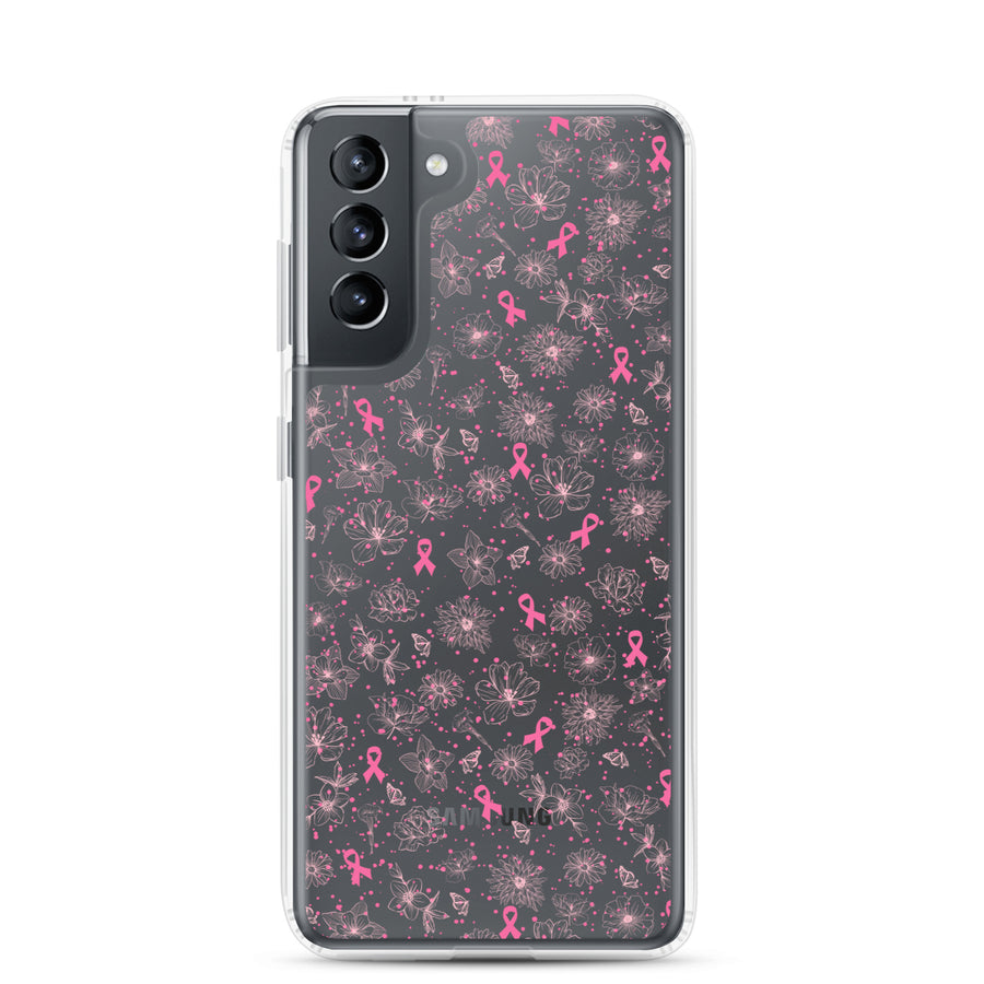 Breast Cancer Ribbon, Pink Floral, and Butterfly Clear Samsung Galaxy Case for S10, S20, S21, & S22