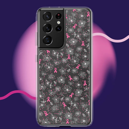 Breast Cancer Ribbon, White Floral, and Butterfly Clear Samsung Galaxy Case for S10, S20, S21, & S22