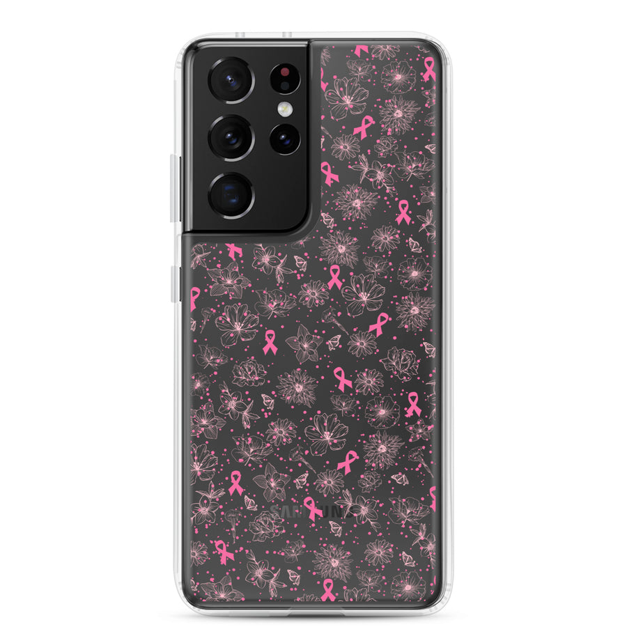 Breast Cancer Ribbon, Pink Floral, and Butterfly Clear Samsung Galaxy Case for S10, S20, S21, & S22