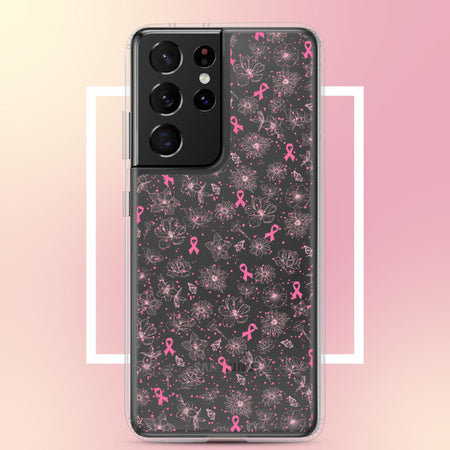 Breast Cancer Ribbon, Pink Floral, and Butterfly Clear Samsung Galaxy Case for S10, S20, S21, & S22