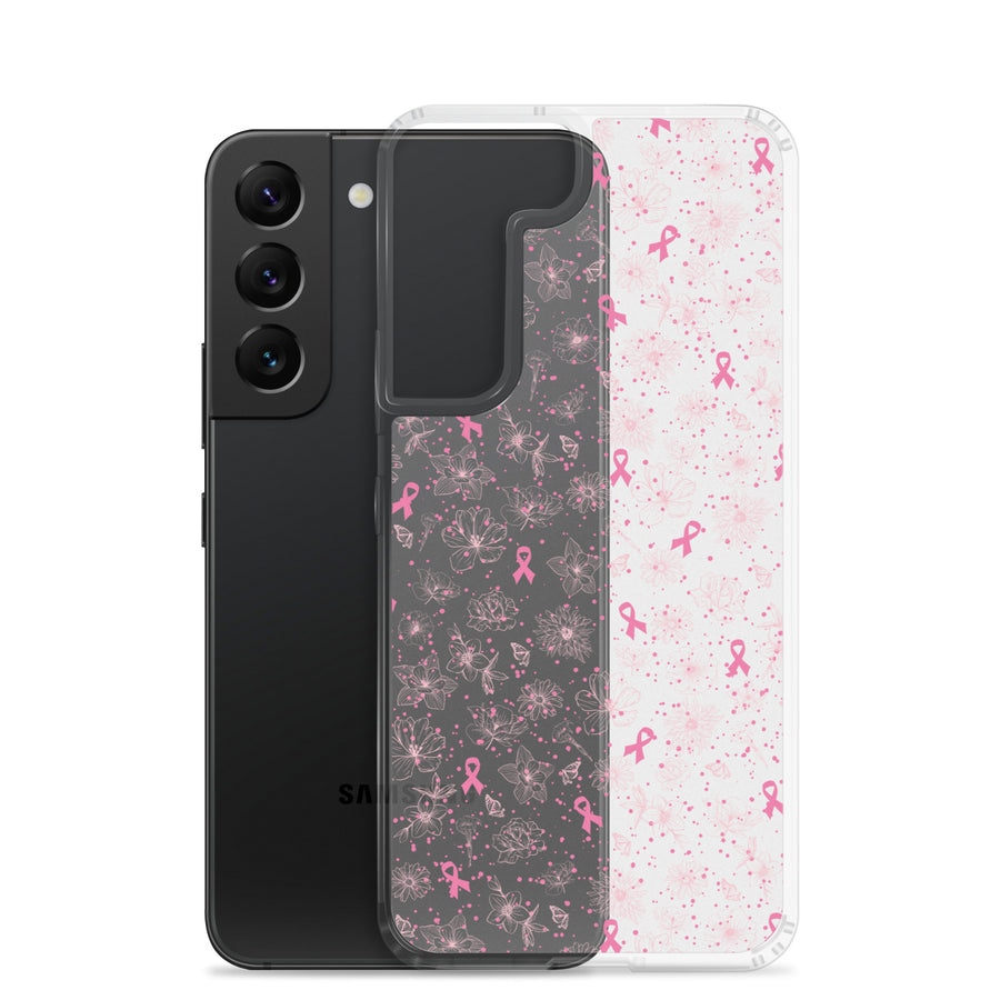 Breast Cancer Ribbon, Pink Floral, and Butterfly Clear Samsung Galaxy Case for S10, S20, S21, & S22