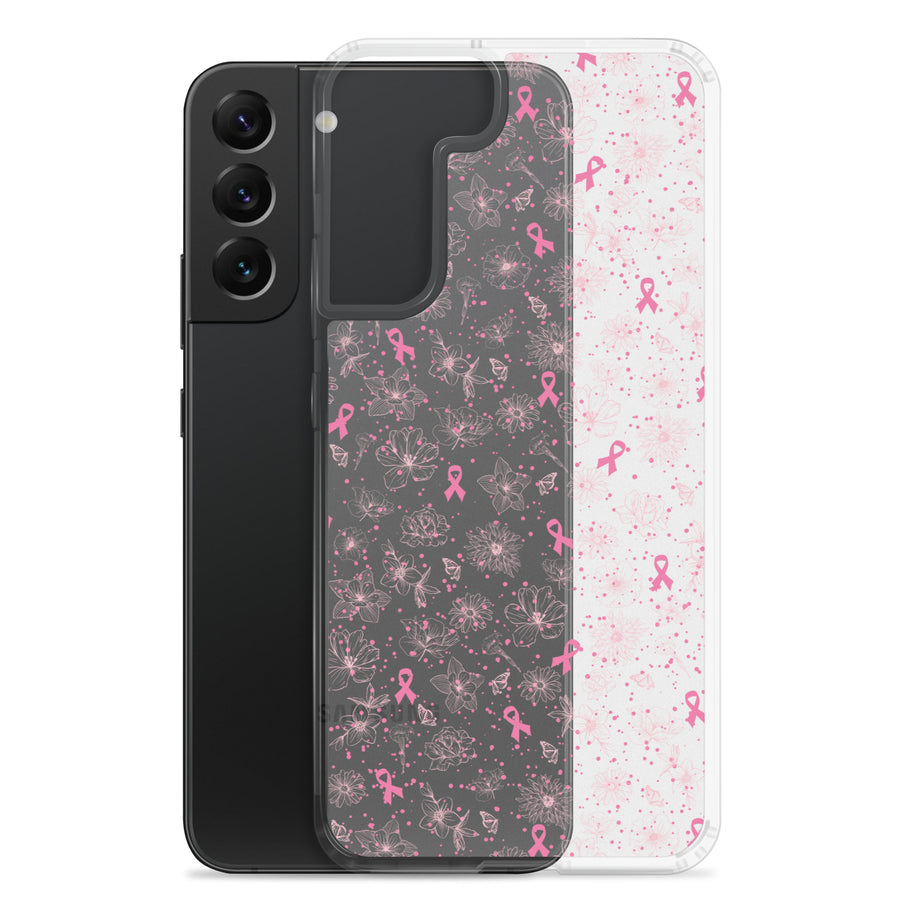 Breast Cancer Ribbon, Pink Floral, and Butterfly Clear Samsung Galaxy Case for S10, S20, S21, & S22