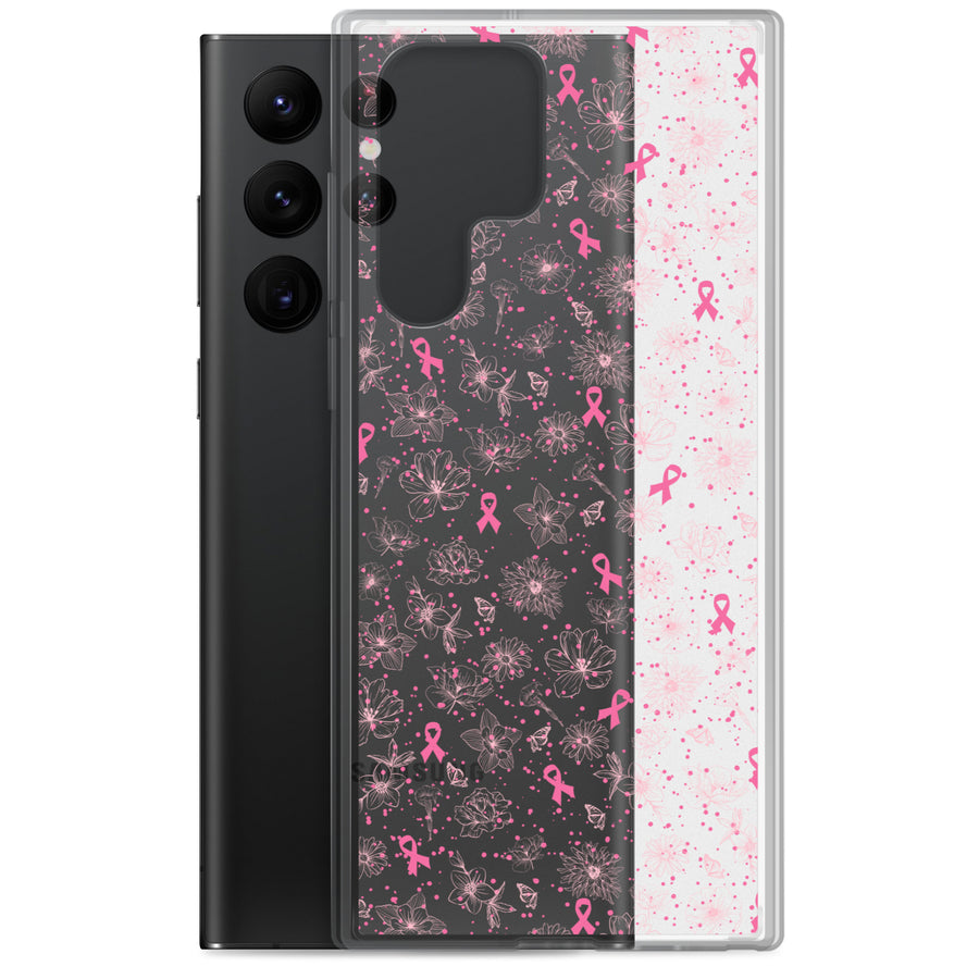 Breast Cancer Ribbon, Pink Floral, and Butterfly Clear Samsung Galaxy Case for S10, S20, S21, & S22