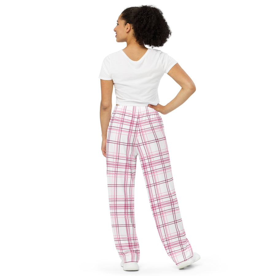 Breast Cancer Awareness Wide-Leg Pink Plaid Pajama Pants