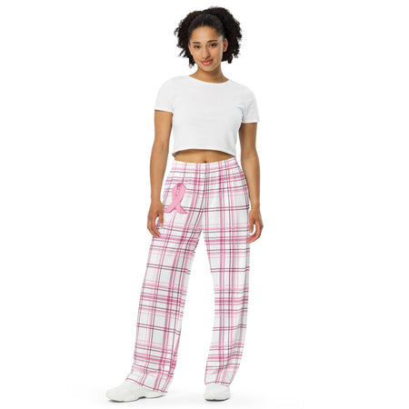 Breast Cancer Awareness Wide-Leg Pink Plaid Pajama Pants