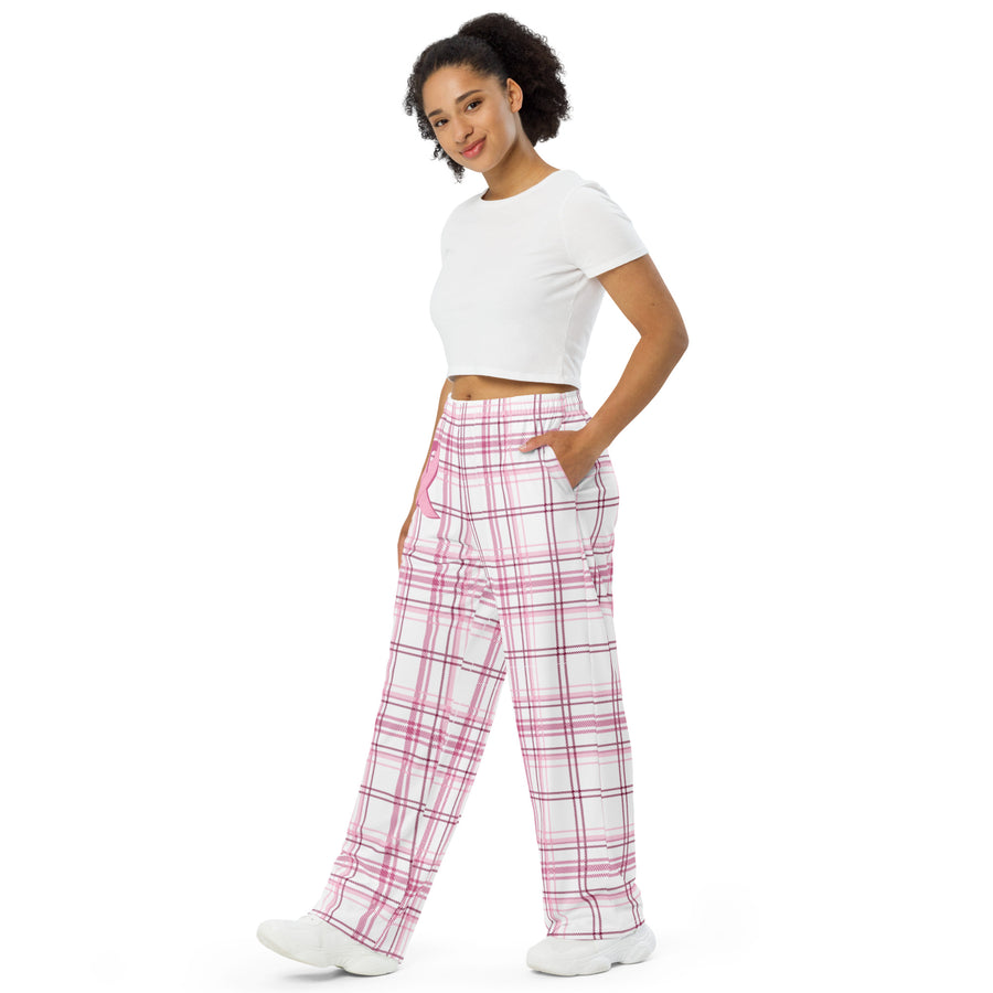 Breast Cancer Awareness Wide-Leg Pink Plaid Pajama Pants