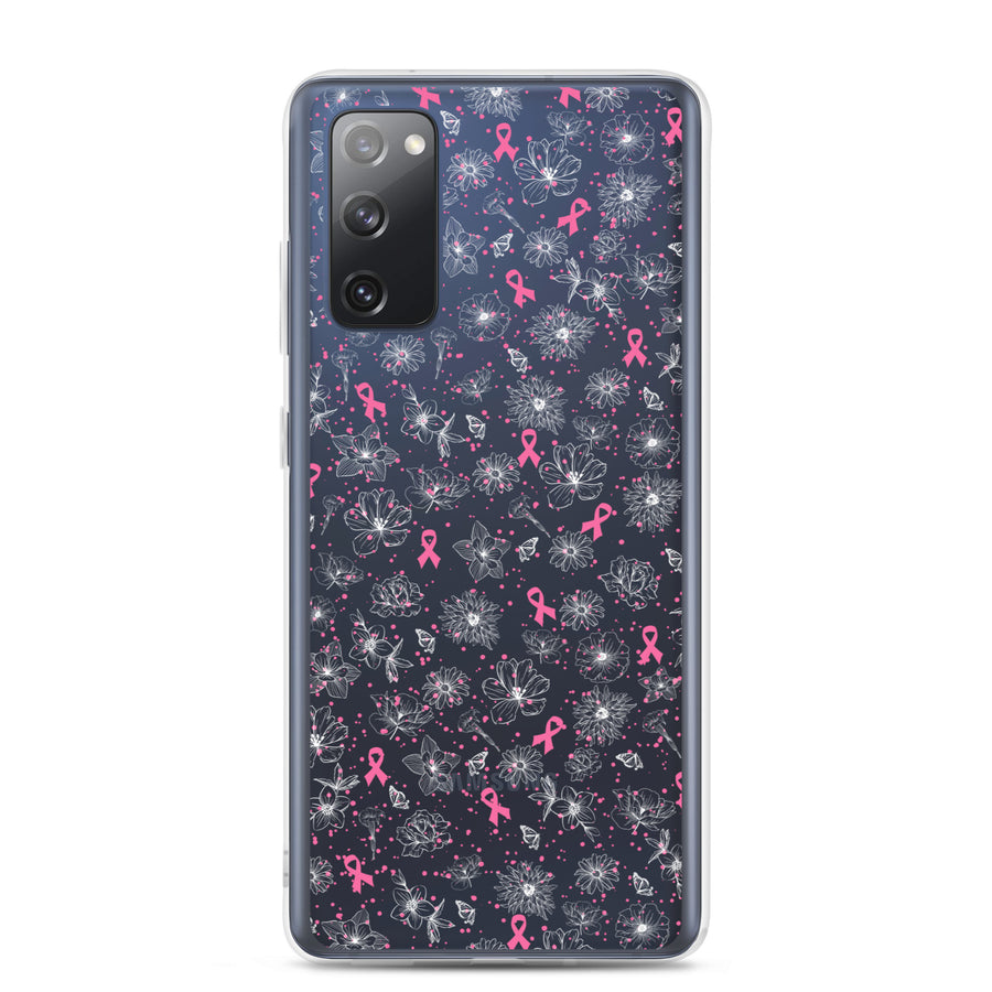 Breast Cancer Ribbon, White Floral, and Butterfly Clear Samsung Galaxy Case for S10, S20, S21, & S22