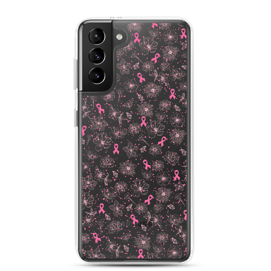 Breast Cancer Ribbon, Pink Floral, and Butterfly Clear Samsung Galaxy Case for S10, S20, S21, & S22